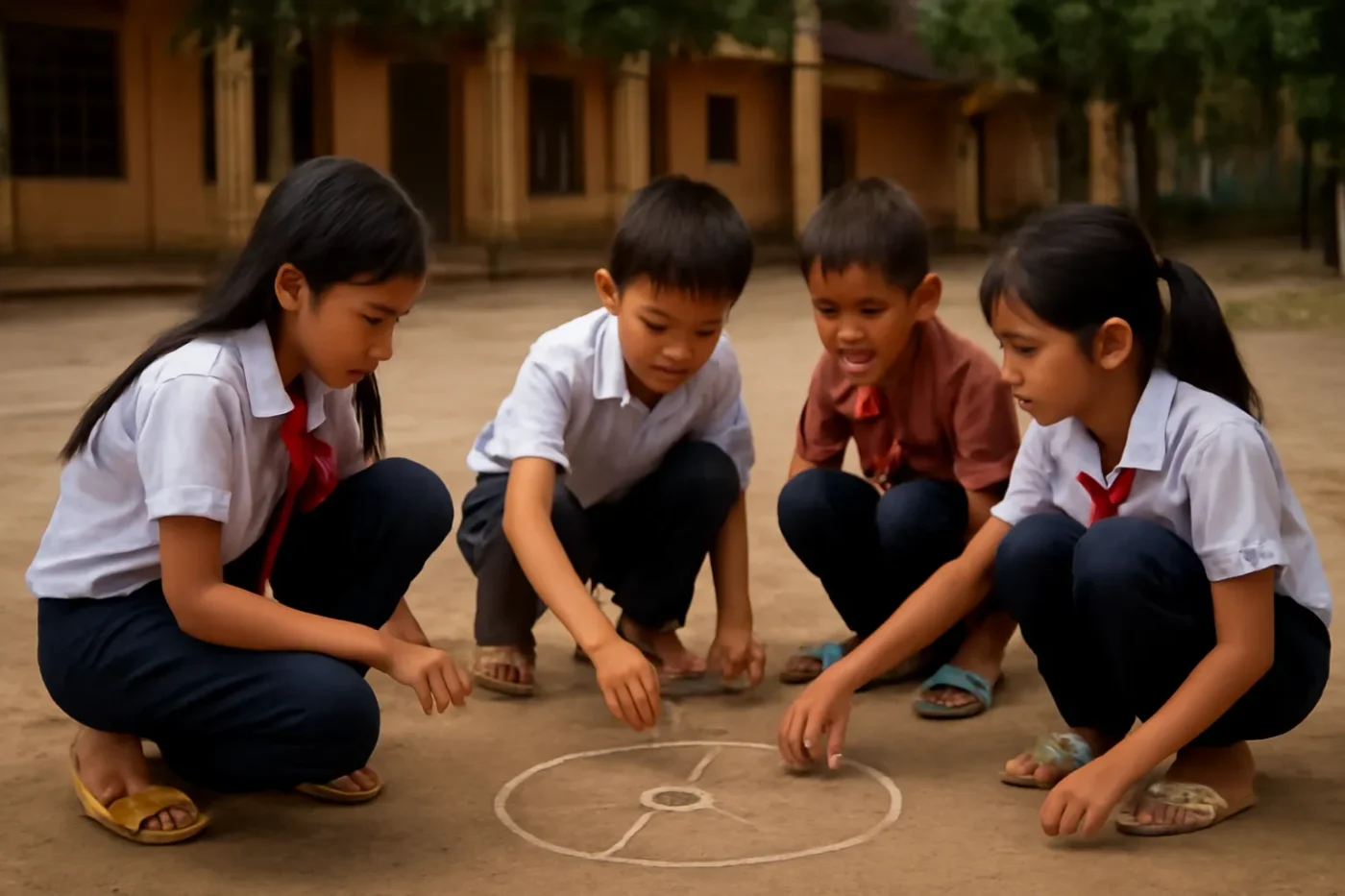 Trẻ em ngồi chơi ô ăn quan ở sân trường