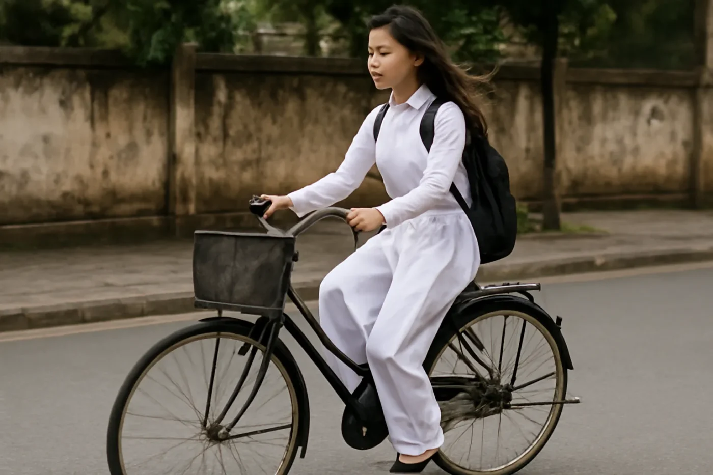 Xe đạp học sinh truyền thống màu xanh