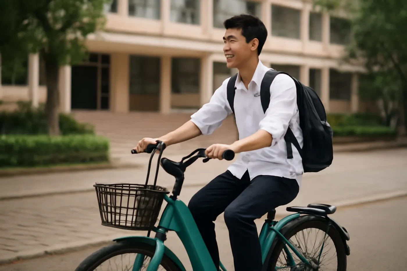 Xe đạp điện học sinh màu trắng và xanh