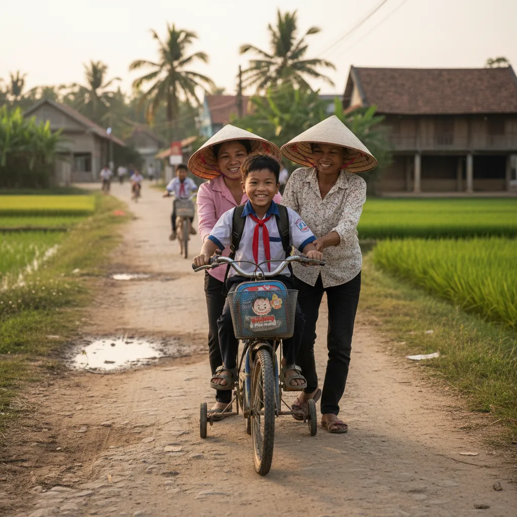Xe đạp học sinh có bánh phụ màu vàng