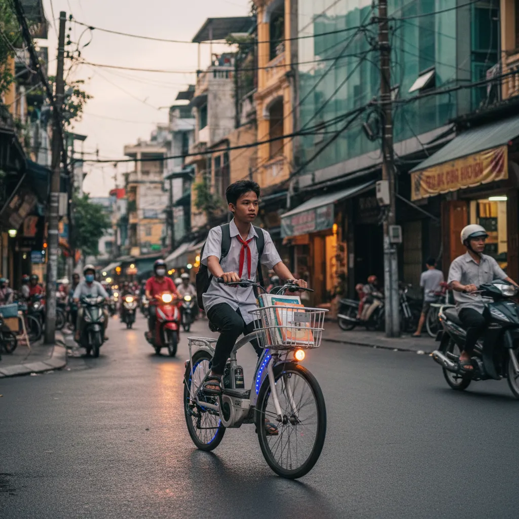 Xe đạp điện học sinh có đèn chiếu sáng màu đỏ